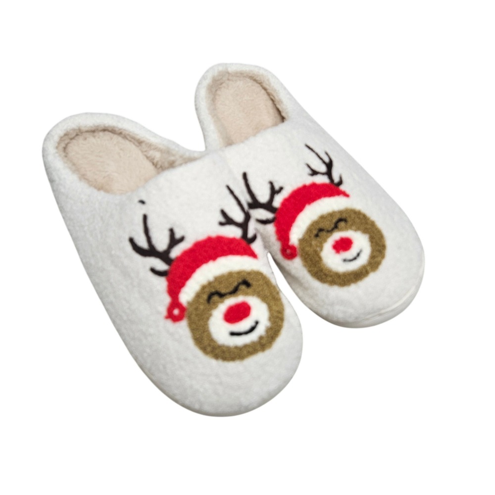 Reindeer Slippers Women Size 8-9 White Christmas Rudolph Plush Fuzzy Cozy Mules